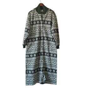 Vintage 80s thick fleece green fair‎ isle midi robe night dress size medium